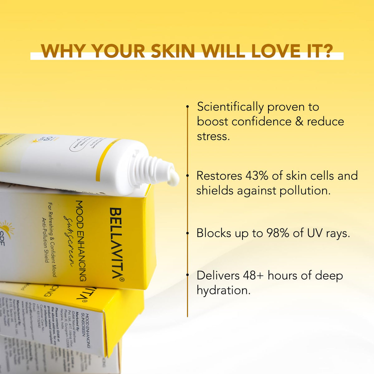Bellavita skincare product with text highlighting benefits on a yellow background