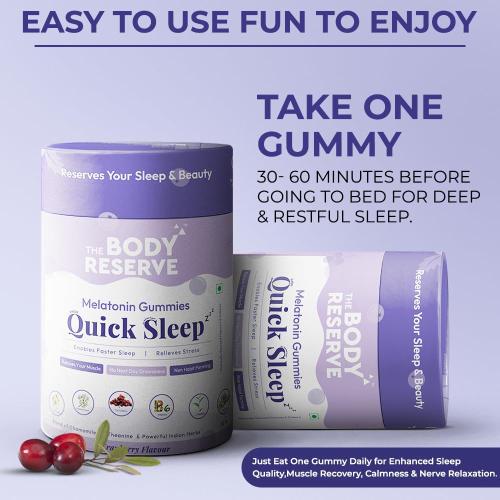 Body Reserve Melatonin Gummies Quick Sleep packaging with text on a light purple background