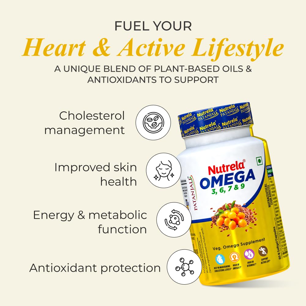 NUTRELA Patanjali 1500 mg Omega 3 6 7 9 for Men & Women - 60 Veg Softgel | Strength Supplement for Muscle, Bone, Heart, Eye, Skin & Brain with EPA 200mg & DHA 150mg