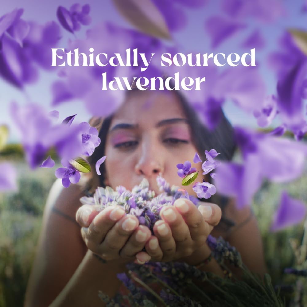 Woman holding lavender flowers with 'Ethically sourced lavender' text overlay