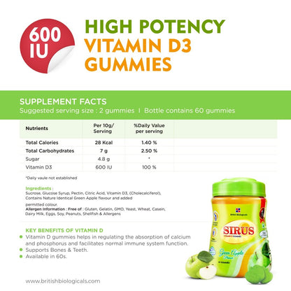 High potency vitamin D3 gummies packaging with supplement facts and branding details.