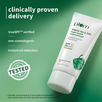 Plum Green Tea & Zinc Super-Matte Gel Sunscreen SPF 50 PA ++++ | 50g | Formulated for Oily, Combination and Acne Prone Skin | Protects & Controls Oil | Lightweight, No White Cast & Non-Sticky | Vegan |