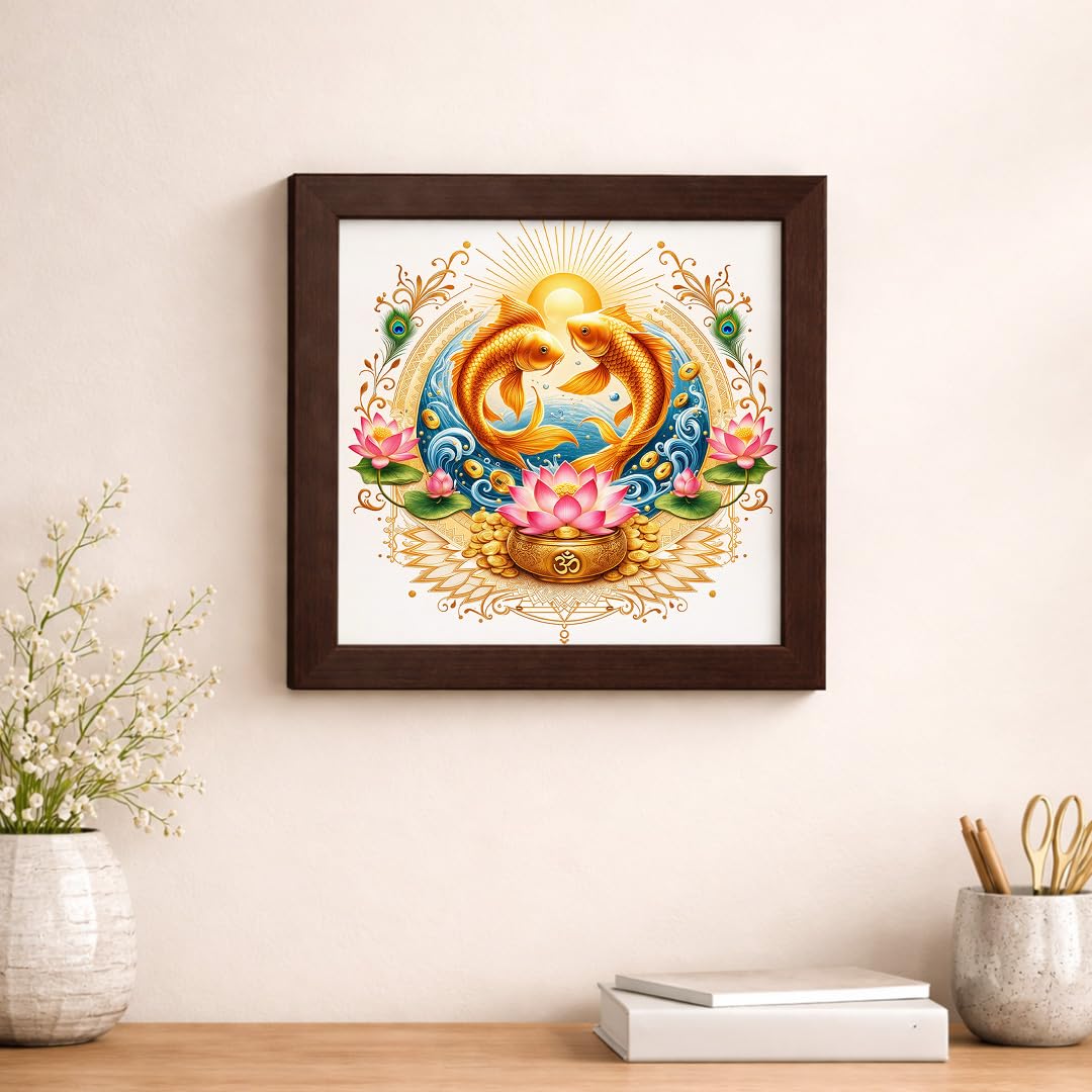 Pair Fish Koi Moi Golden Vastu Money Prosperity Fengshui Lotus Sacred Harmony Framed Poster Artwork Decor Painting