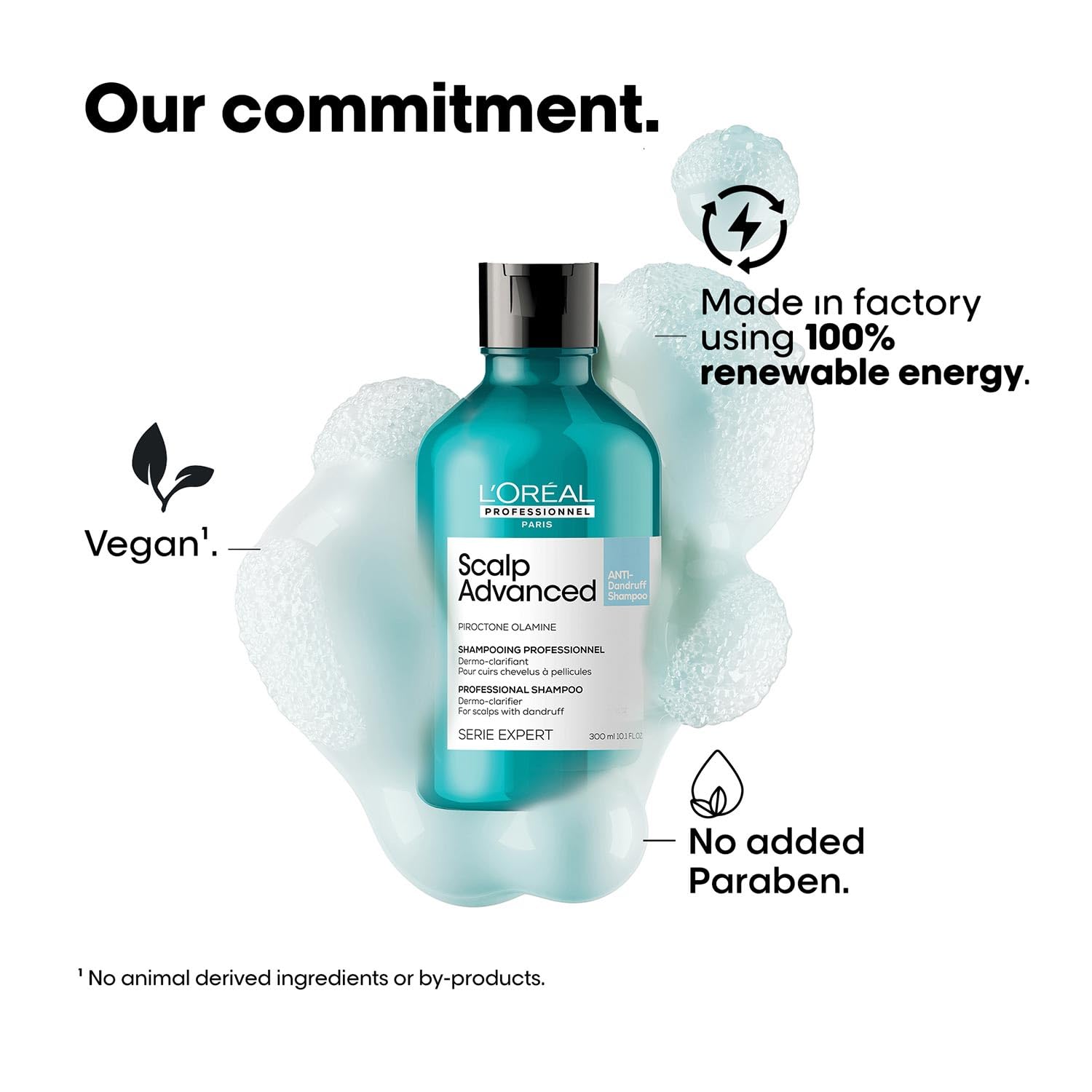 L'Oreal Scalp Advanced shampoo bottle with sustainability claims on a white background