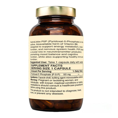 Nutraliebe P5P (Pyridoxal 5’- Phosphate) – Active Vitamin B6 for Energy, Brain Function, and Nervous System Support – 90 Capsules