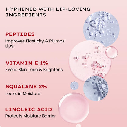 Skincare product description with lip-loving ingredients on a pink background