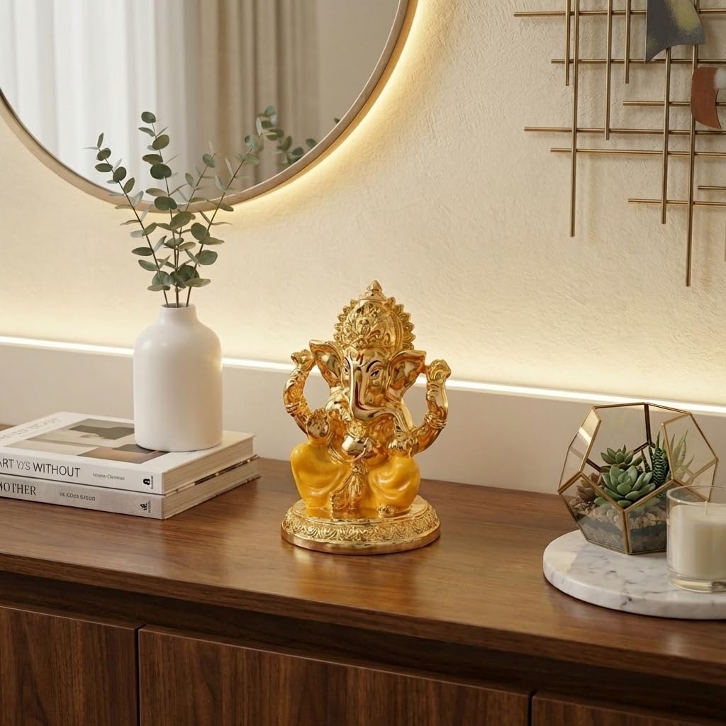 Gold Plated Ganesh Idol | Ganpati Murti for Car Dashboard, Office Desk, Hindu God Gift & Home Decor - Resin (Gold & Yellow)