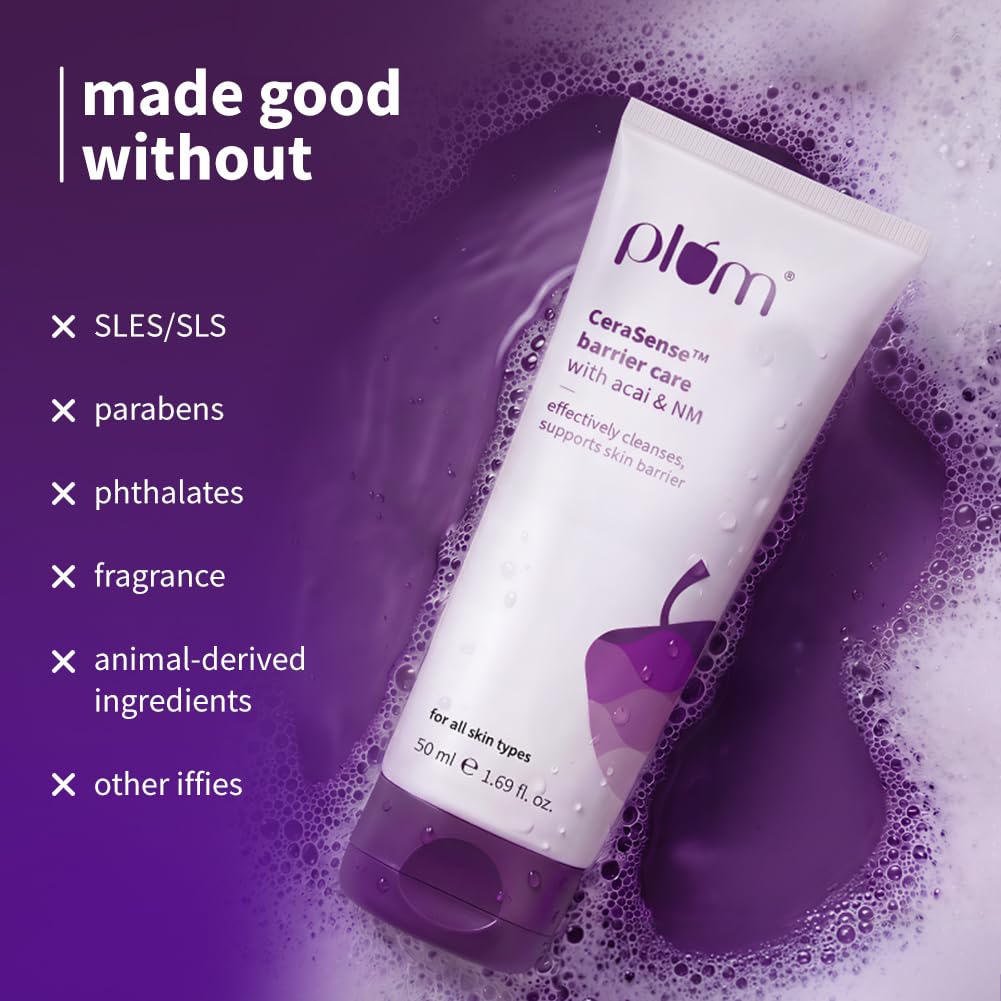 Plum CeraSenseTM Barrier Care Face Wash with Acai & 1% NMF | 50ml | Gentle face wash | For Dry Skin, Normal Skin & Sensitive Skin | Soap-Free Paraben-Free | For Sensitive Skin