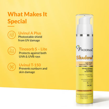 Fixderma Shadow Light Fluid Sunscreen SPF 50+ & PA++++, Lightweight & Oil Free, Clinically Tested in-Vivo, for Oily Skin, Sensitive, No White Cast, UVA/UVB Protection - 50g