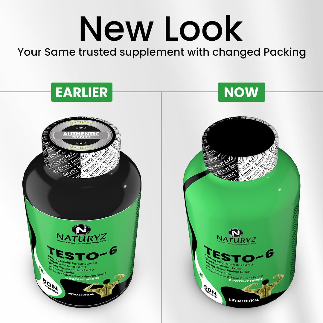 Comparison of NaturaZy TESTO-6 supplement packaging between 'Earlier' and 'Now' on a white background.