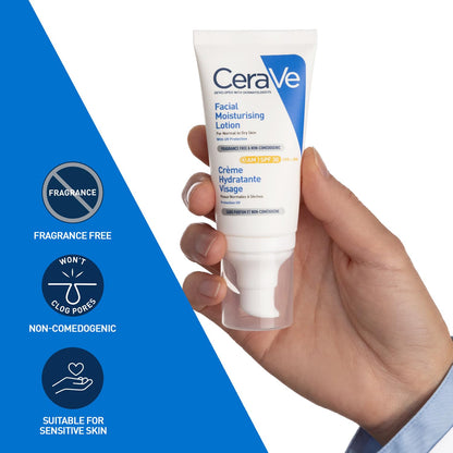 CeraVe facial moisturizing lotion held in a hand with product features displayed on a blue and white background.