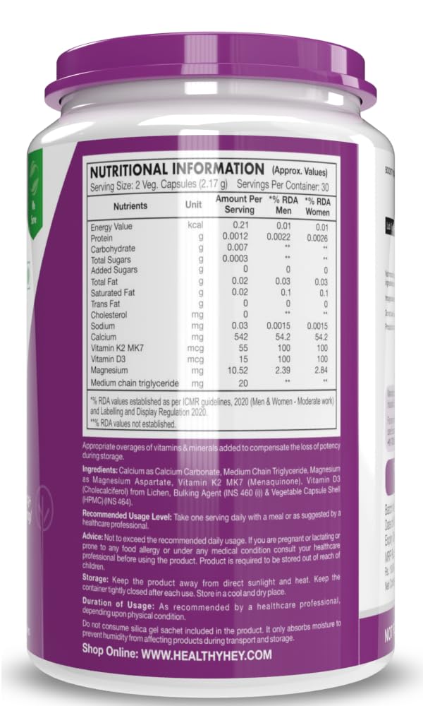 Zephivo HealthyHey Nutrition Vegan Calcium with Magnesium, Vitamin D3 & Vitamin K2- Mk7 - BoneMax - Bone Health Complex - 60 Vegetable Capsules
