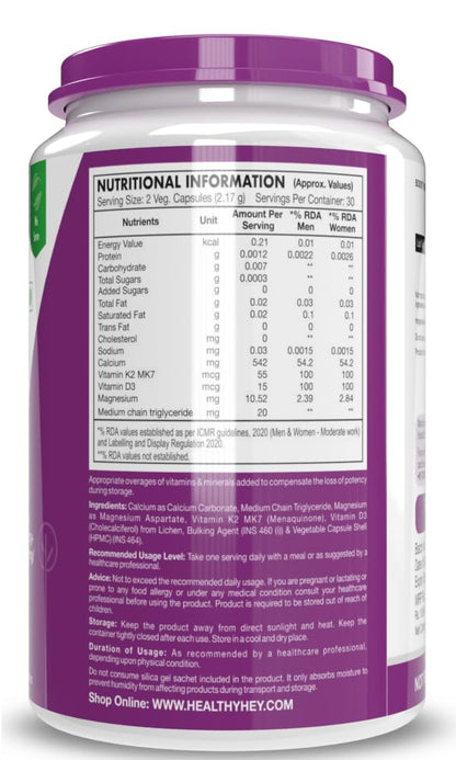Zephivo HealthyHey Nutrition Vegan Calcium with Magnesium, Vitamin D3 & Vitamin K2- Mk7 - BoneMax - Bone Health Complex - 60 Vegetable Capsules
