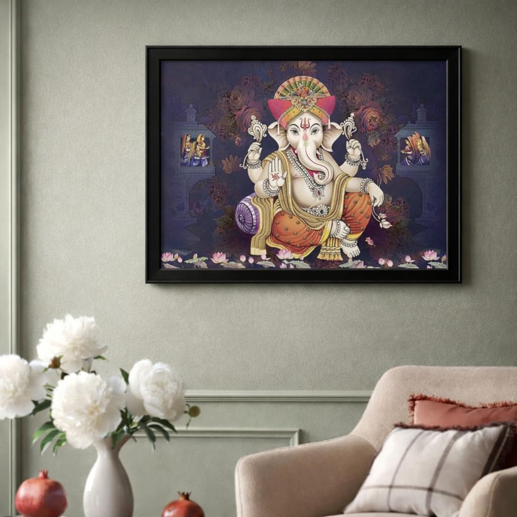 Lucky Pagdi Ganesha Religious Wooden Art Framed Painting - Ready to Hang (Multicolour, Medium, 12inch x 18 inch)