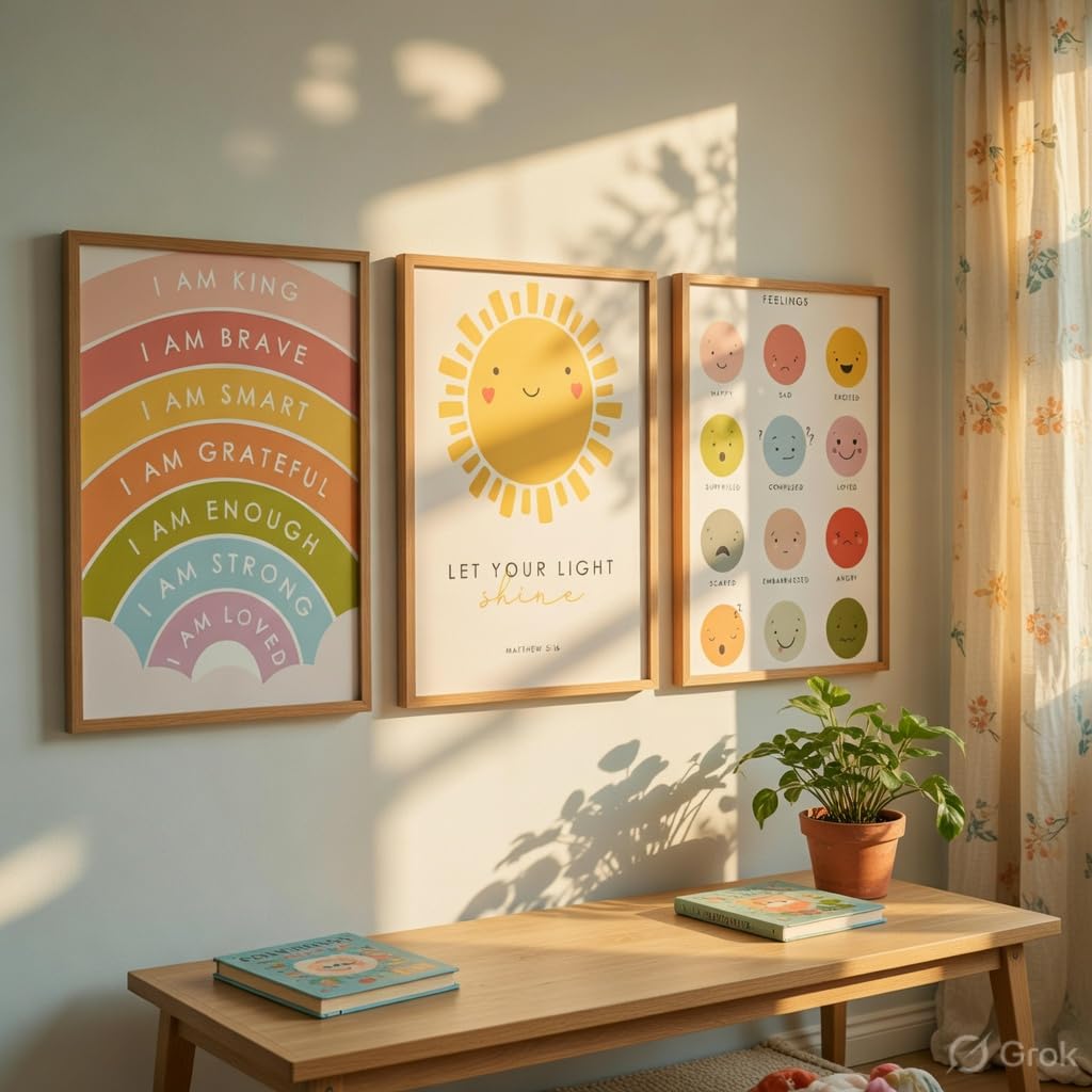 Kids Motivational Nursery Wall Painting Set of 3 with Wooden Frames | Rainbow Affirmation Sun Feelings Chart Kids Room Wall Art | HD Sparkle Printed MDF Nursery Wall Decor