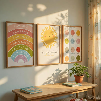 Kids Motivational Nursery Wall Painting Set of 3 with Wooden Frames | Rainbow Affirmation Sun Feelings Chart Kids Room Wall Art | HD Sparkle Printed MDF Nursery Wall Decor