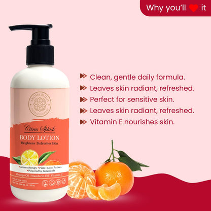 Body lotion bottle with citrus splash design on a pink and red background