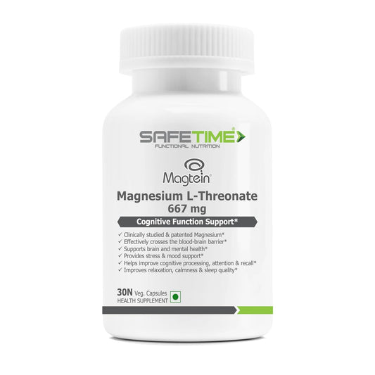 Supplement bottle labeled 'Magtein Magnesium L-Threonate' on a white background