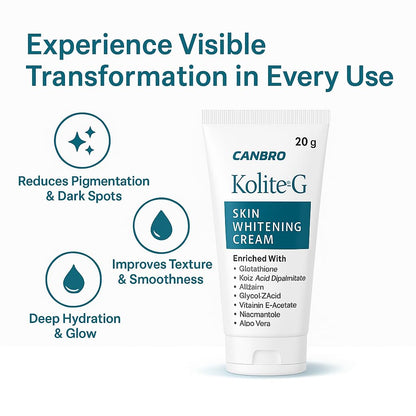Kolite-G Skin Whitening Cream 20g | Enriched with Glutathione, Kojic Acid, Arbutin, Niacinamide & Aloe Vera | Brightening, Tan Removal & Even Skin Tone Face Cream by CANBRO