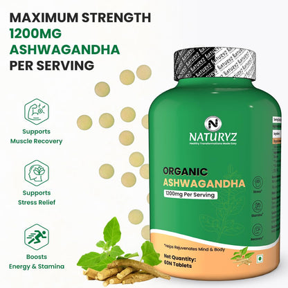 NATURYZ Organic Ashwagandha 1200mg Tablets | Stress Relief, Energy, Immunity & Muscle Recovery Support | For Men & Women | Vegan, Non-GMO, Gluten-Free | USDA Organic | 60 Veg Tablets