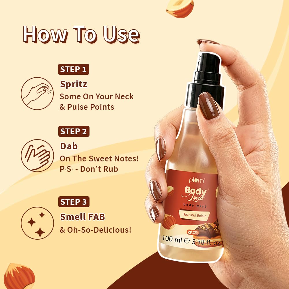 Plum Bodylovin' Hazelnut Eclair Body Mist | Long Lasting Decadent Hazelnut Chocolate Fragrance | Travel-Friendly & Easy To Carry | 100ml