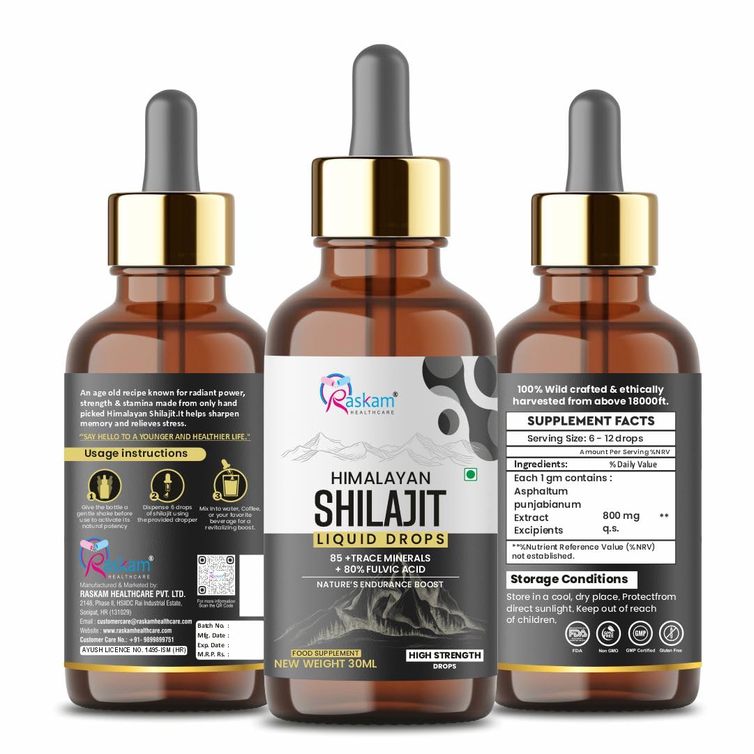 Three bottles of Himalayan Shilajit Liquid Drops with labels on a white background