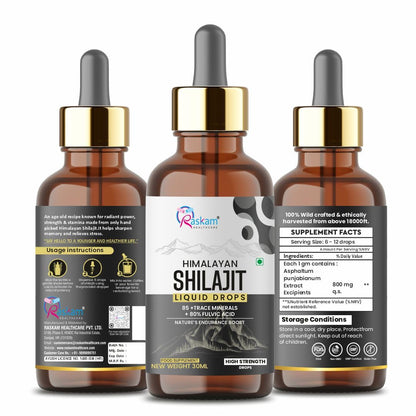 Three bottles of Himalayan Shilajit Liquid Drops with labels on a white background