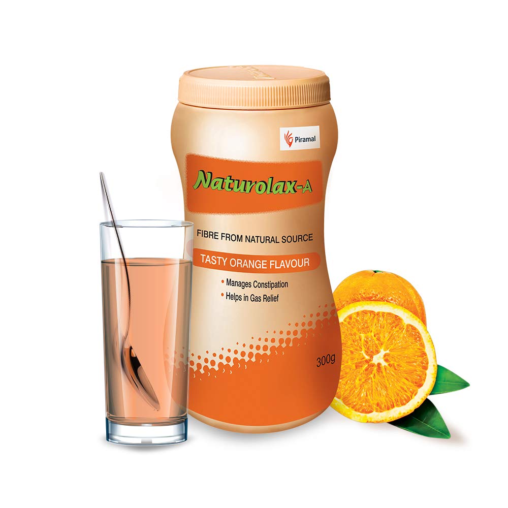 Naturolax-A fiber supplement jar with a glass of orange-flavored drink and oranges on a white background