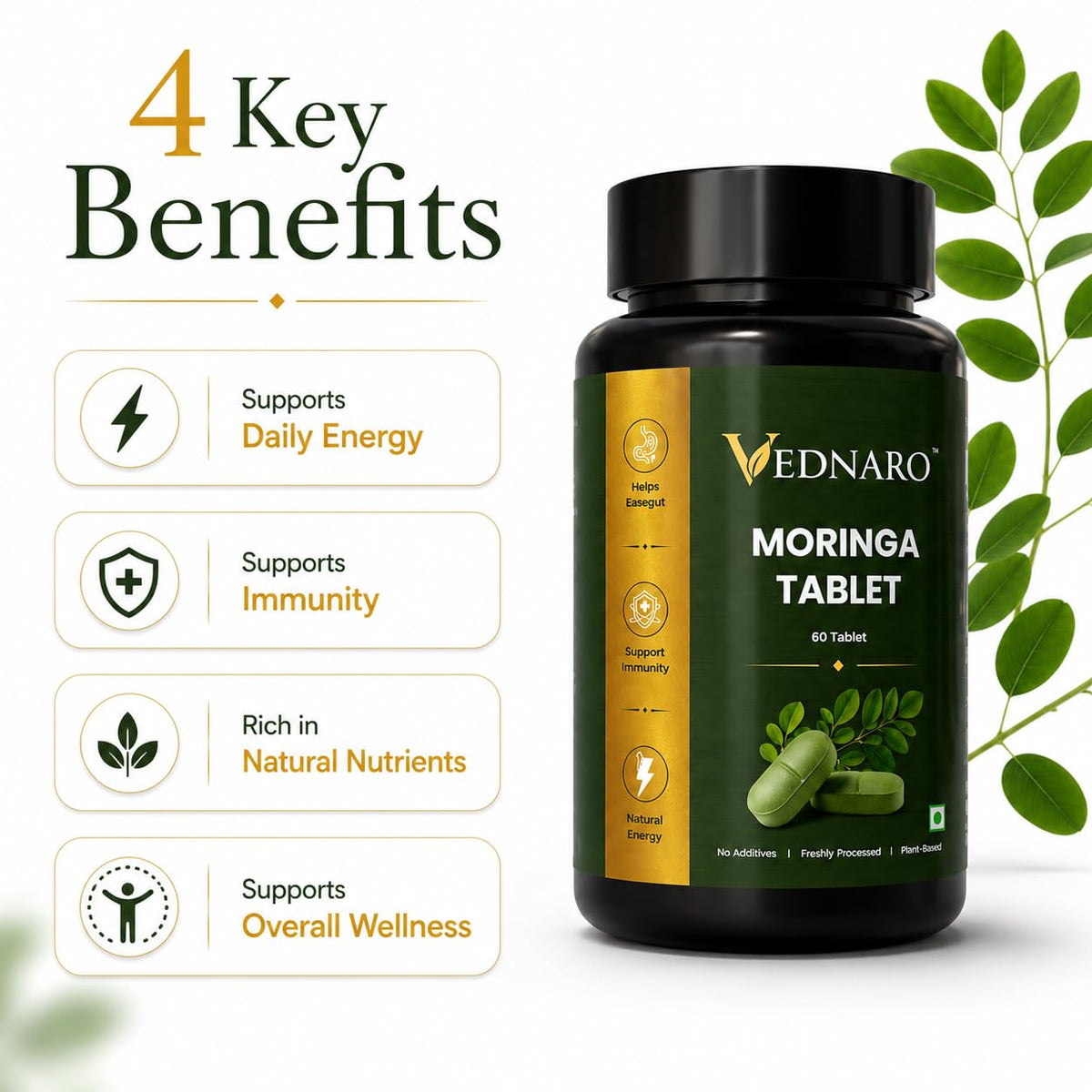 VEDNARO Moringa Tablets 60 Count | Herbal Supplement for Daily Wellness | Plant-Based Moringa Leaf Tablets | Supports Energy & Immunity