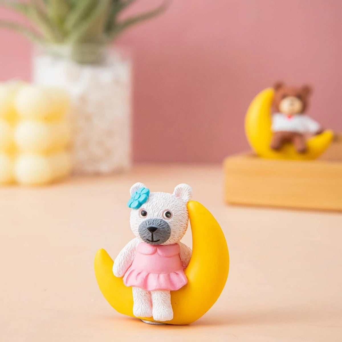 Teddy Bear on Moon Miniature Showpiece for Car Dashboard Decoration Valentine Gifts Decorative Showpiece for Office Desk Living Room Garden Decor Miniature Adventure Showpiece