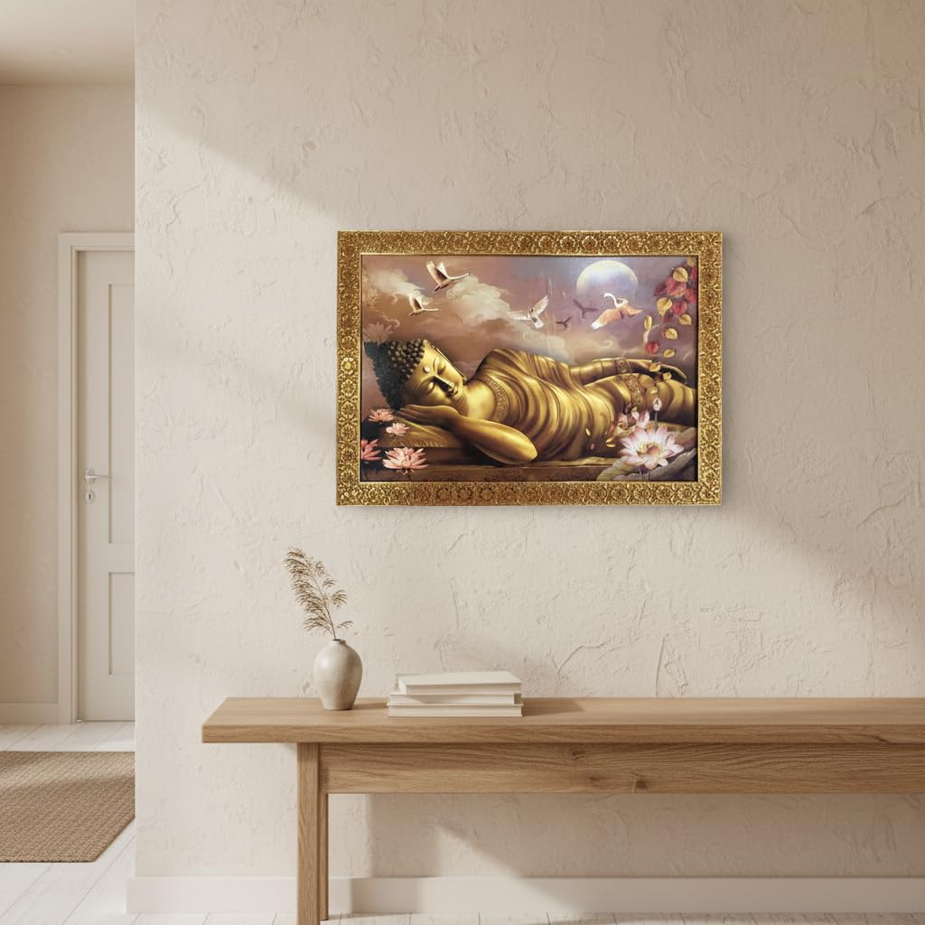 Buddha Art Framed Painting for Luck, Prosperity | Ready to Hang (Wooden Frame, 12inch x 18 inch, Golden)