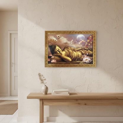 Buddha Art Framed Painting for Luck, Prosperity | Ready to Hang (Wooden Frame, 12inch x 18 inch, Golden)