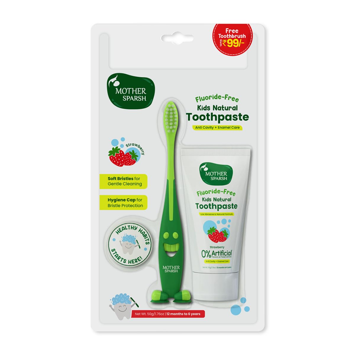 Mother Sparsh Natural Toothpaste for Kids-50g, Strawberry (With Free Toothbrush) | Strengthens Gums, Whitens Teeth | Preservative & Fluoride Free Baby Toothpaste | Anti Cavity + Enamel Care