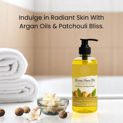 Shower gel bottle with argan oils and patchouli on a bathroom counter.