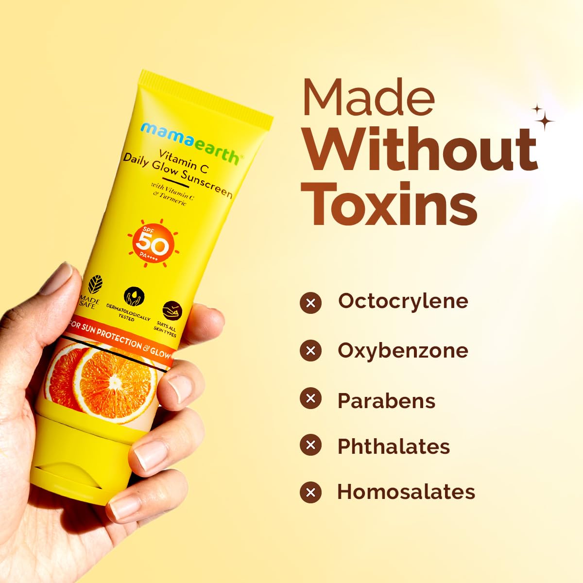 Mamaearth Vitamin C Daily Glow Sunscreen with Vitamin C & Turmeric for Toxin free Sun Protection - 125g | SPF 50 & PA++++ | Vitamin C for Glow | Turmeric Detans | In-Vivo Tested | Natural Goodness | Quick Absorbing