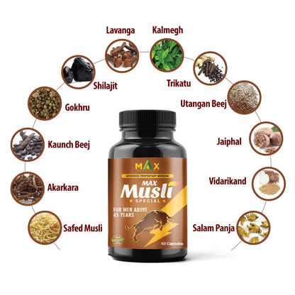Max Ayurveda Musli Special (For 45+ Men) & King Ayurvedic Massage Oil - Combo (30 Capsules + 1 Oil Bottle)