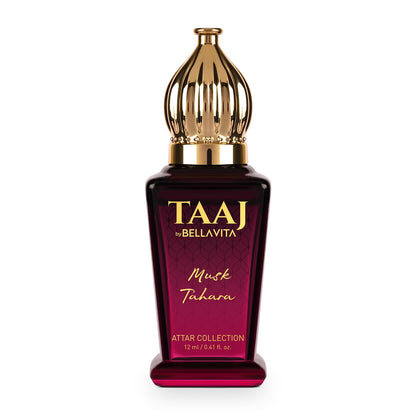 TAAJ by Bellavita Musk Tahara attar bottle with gold cap on a white background