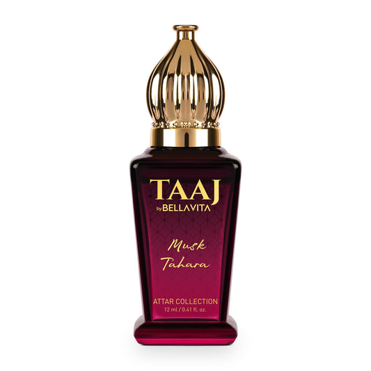 TAAJ by Bellavita Musk Tahara attar bottle with gold cap on a white background