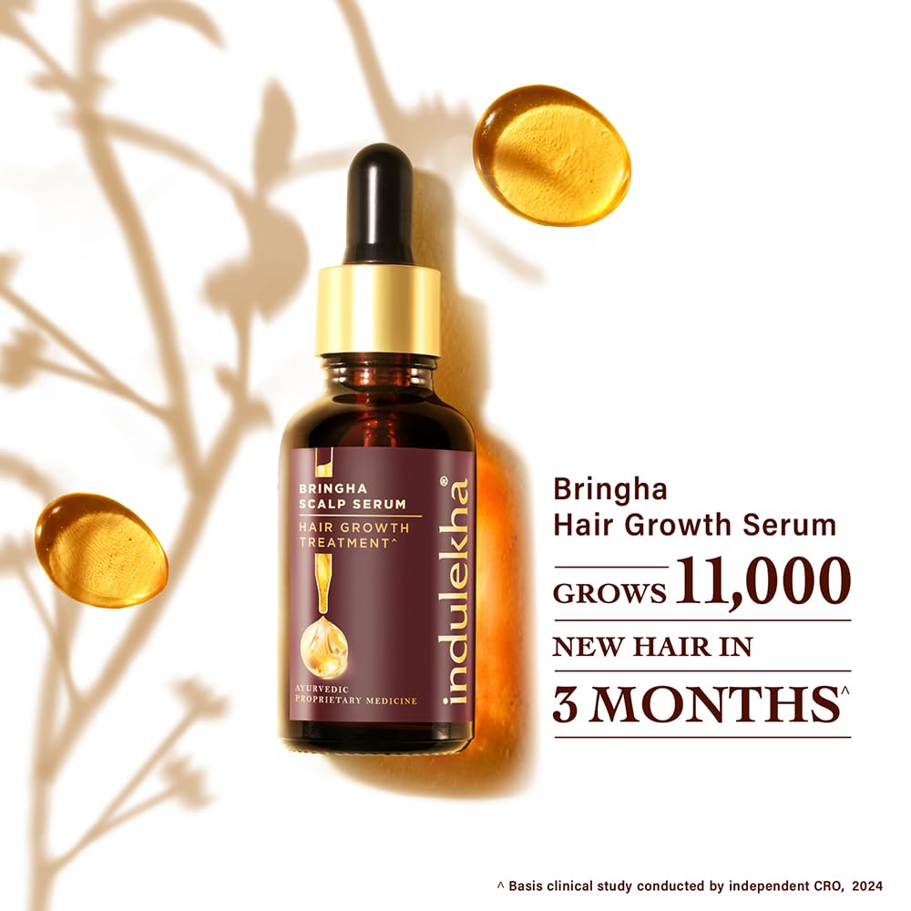 Indulekha Bringha Hair Growth Serum bottle with dropper on a white background
