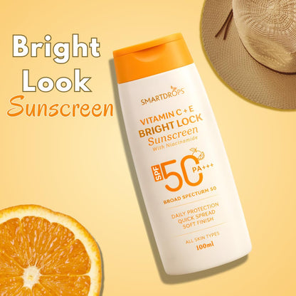 Smartdrops Vitamin C + E Sunscreen SPF 50 PA+++ With Niacinamide Daily Use Face & Body Sun Protection Lotion Soft Finish Quick Spread Formula For All Skin Types 100ml (Pack-1)