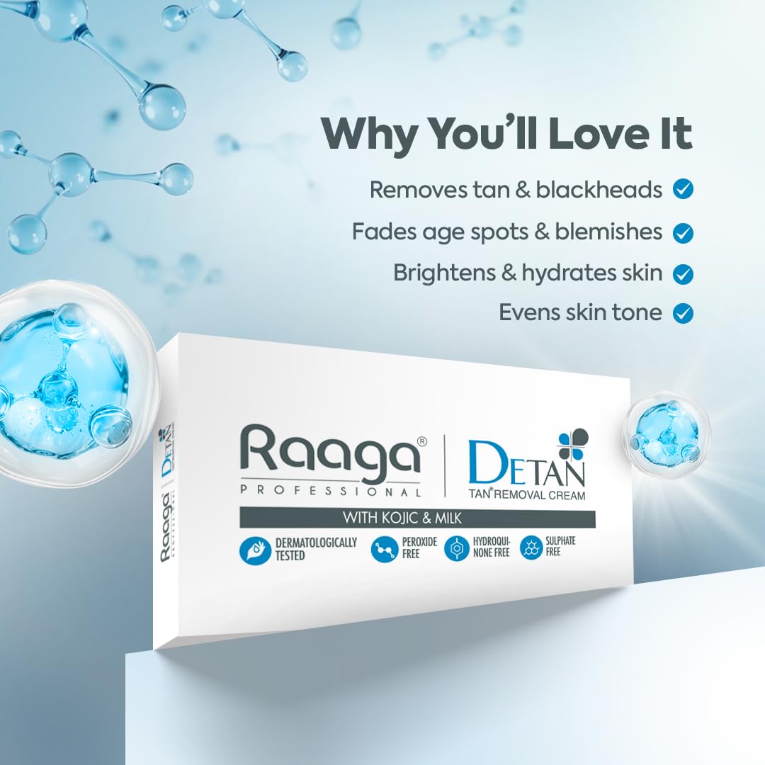 Raaga Professional DeTan Tan Removal Cream | Kojic & Milk | Reduces Tan, Dark Spots & Dullness | Dermatologically Tested, Peroxide & Sulphate Free - 72 g (12 g × 6)