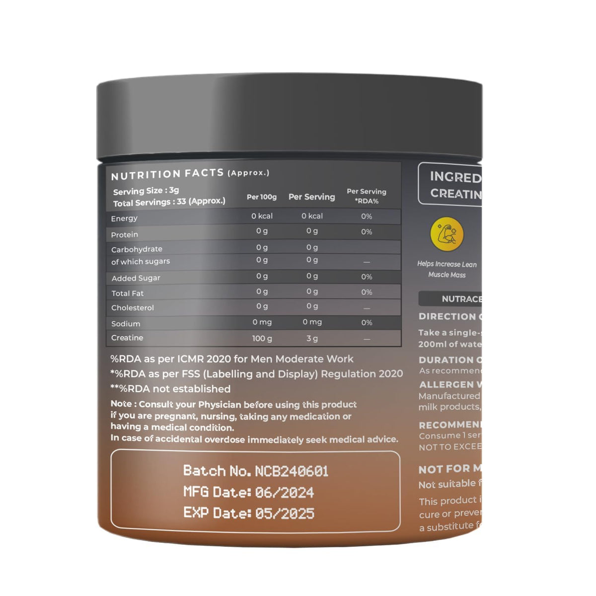 Nutritional label on a supplement container with text and numbers.