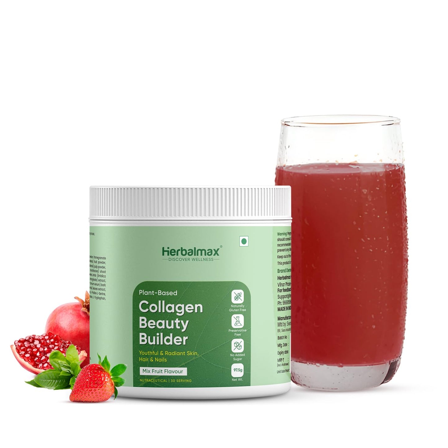 Herbalmax 100% Veg Collagen Beauty Builder 97.5g Plant-Based Collagen Supplement for Hair, Skin, Nails & Joints | With Vitamin C & E | Mixed Fruit Flavour | Naturally Gluten-Free & No Added Sugar