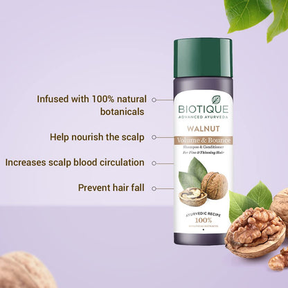 Biotique Walnut Volume and Bounce Shampoo and Conditioner | For Fine and Thinning Hair| Volumizing Shampoo for Thin Hair |100% Botanical Extracts |190ml