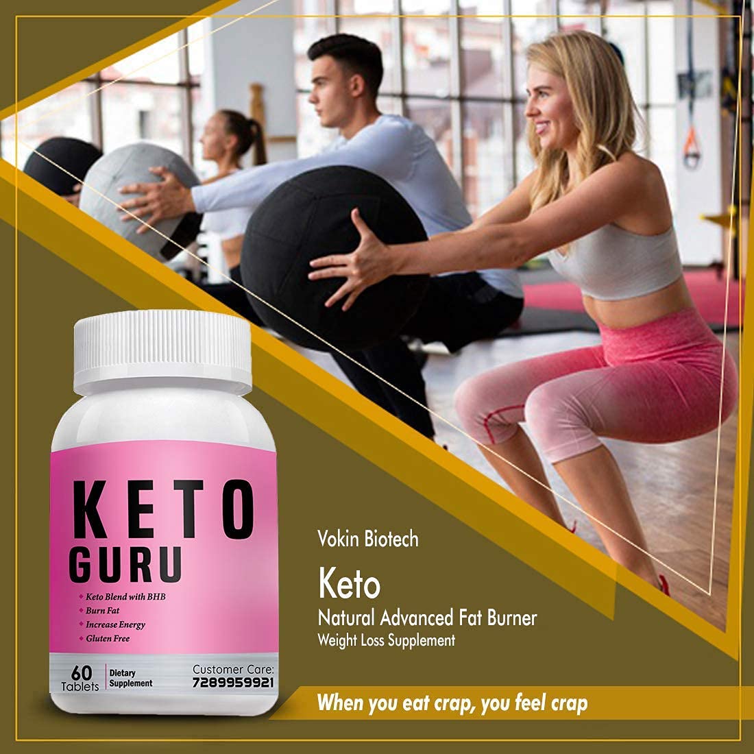 Keto Guru supplement bottle with people exercising in the background