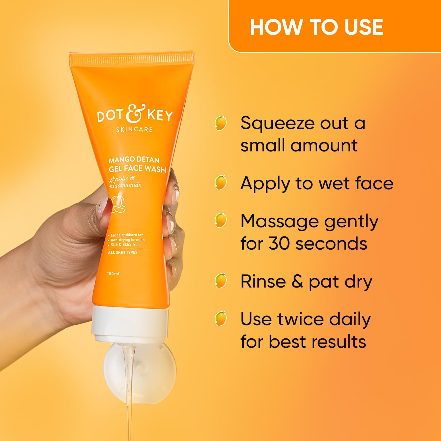 Zephivo Dot & Key Mango Detan Gel Face Wash | Gently Cleanses Skin From Dirt & Oil | Fades Stubborn Tan | For All Skin Types | 100ml
