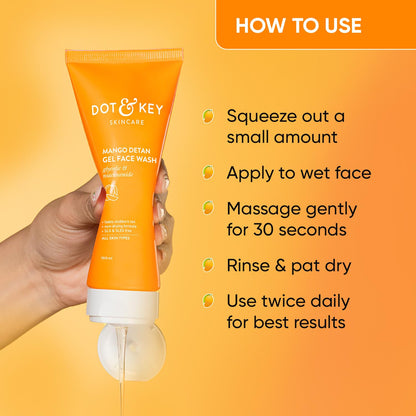 Zephivo Dot & Key Mango Detan Gel Face Wash | Gently Cleanses Skin From Dirt & Oil | Fades Stubborn Tan | For All Skin Types | 100ml
