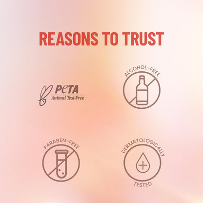 Promotional graphic with 'REASONS TO TRUST' text and icons for PETA, alcohol-free, paraben-free, and dermatologically tested on a gradient background.