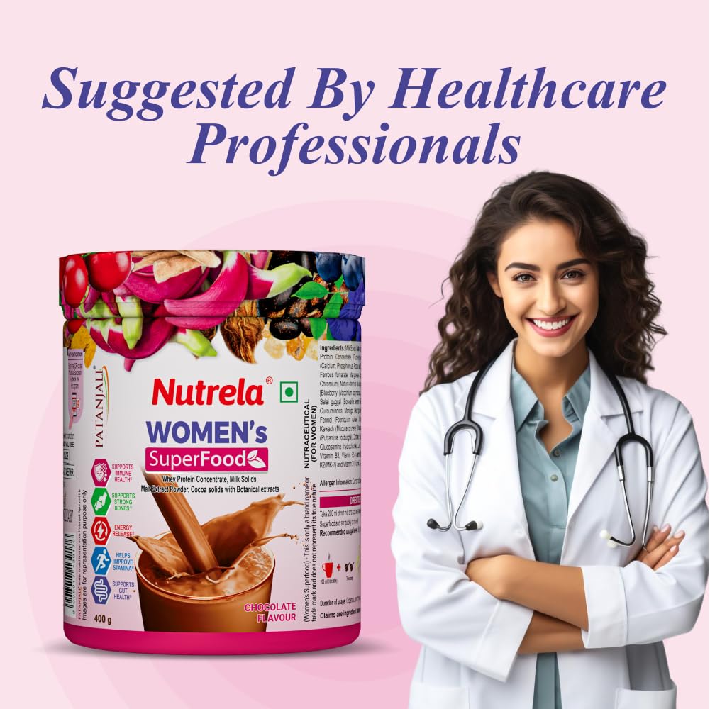Nutrela Women Superfoods Protein Powder - 400g, Chocolate | Everyday Fitness with Biofermented Multivitamins & Whey Protein to support in Bone & Joints Health , Muscle , Heart , Hair & Nails , Vitality and Mood Stabilizer