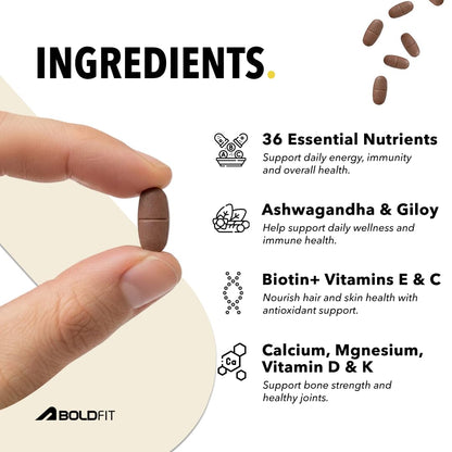 Boldfit Best Multivitamin Tablet For Men, Multi vitamin Tablet For Men with Probiotics, Vitamin C, E, B12, B6, Zinc & Grape Extract For Immunity & Energy Multivitamin Supplement- 120 Veg Tablets